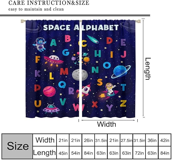 Alphabet Curtains Kids Outer Space Cartoon Universe Planet Educational Learning Curtain with Rod Pocket for Bedroom Nursery Decor Drapes Window Treatments 2 Panels Set 72" W X 63" L