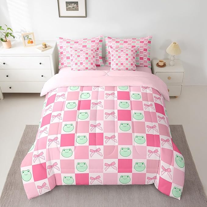 7 Pieces Cartoon Frog Kids Comforter Set Queen,Pink Bowknot Bow Tie Butterfly Knot Bedding Set,Geometric Plaid Grid Patchwork Cute（Comforter+Fitted+Flat Sheet+2 Pillowcases+2 Throw Pillow Covers）
