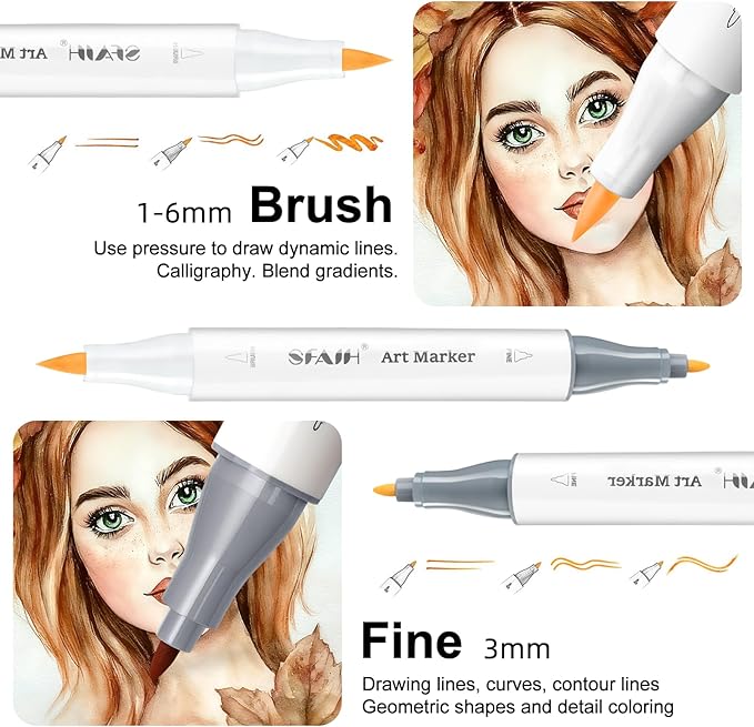 SFAIH Skin Tone Alcohol Markers Brush & Fine - 11 Light Portrait Colors+Mixed Color 0, Blendable & Refillable Permanent Art Markers for Adults/Teen/Artists/Creators & Illustrators