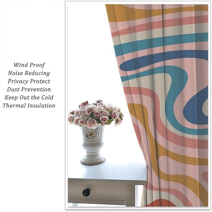 70S Abstract Wavy Swirl Curtain for Bedroom Windows,Retro Boho Minimal Teen Girls Kids Living Room Restroom Window Treatments Drapes 63" W X 63" L