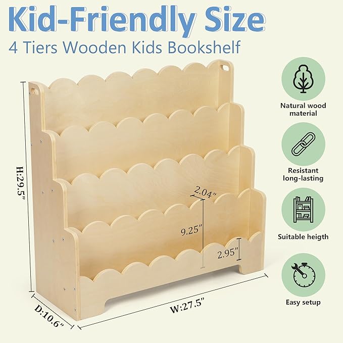 Kids Bookshelf Wooden 4-Tier, Scalloped Book Shelf for Kids Rooms, Front Facing Toddler Montessori Bookshelf, Baby Nursery Book Shelves Kid Classroom Book Shelf Bookcase