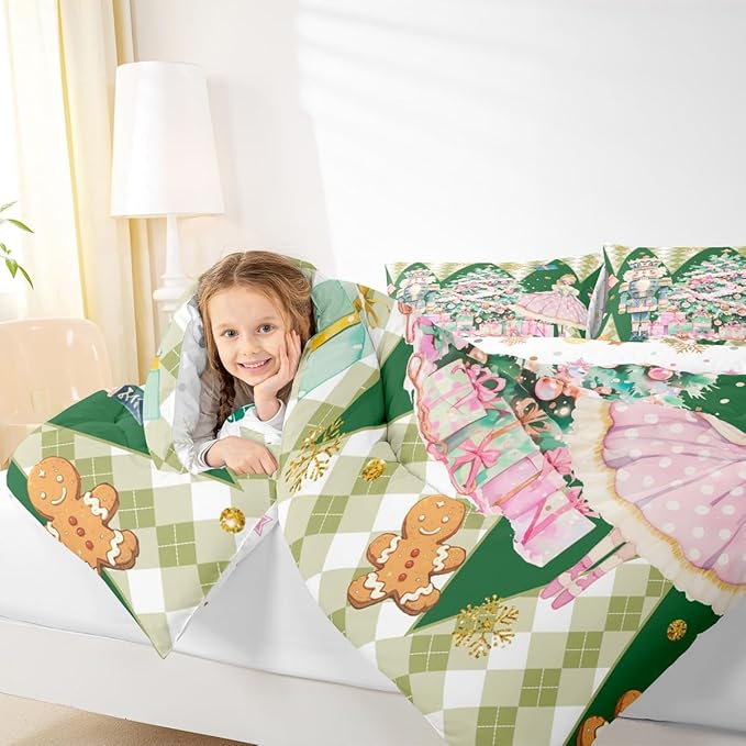 jejeloiu Christmas Nutcracker Comforter Set Toddler Size Gingerbread Man Bedding Set for Kids Boys Girls Xmas Tree Duvet Quilt Green Bedroom Decor