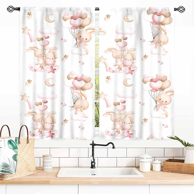 Rabbits Curtains, Kids Boys Girls Cartoon Cute Lovely Animals Moon Cloud Ballon Pastel Pink Window Drapery Treatments for Baby Living Room Bedroom Nursey Toddler 2 Panels, 55x39 Inch