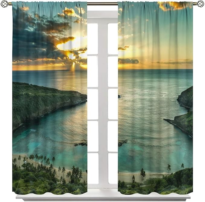 Ocean Beach Curtains,OceanMorning Sunrise Hawaiian Seaside Scene Pattern Blackout Print Home Bedroom Living Room Window Treatments 2 Panel Set 42x63 Inch