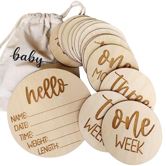Wooden Milestone Cards and Discs 16pc Set for Baby Photos and First Year Milestones - New Parents and Baby Showers with "Hello World" Sign and Monthly Cards from 1-12 Months