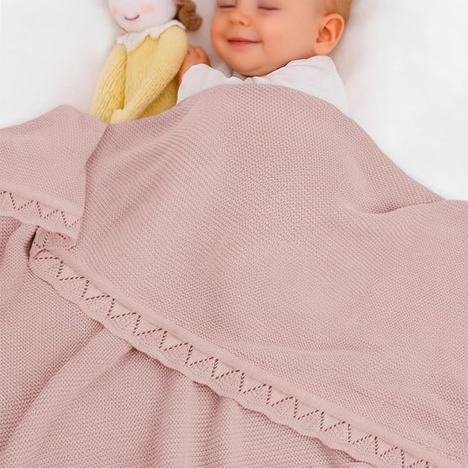 Baby Knit Blanket Soft Breathable Cotton Scallop Border Blankets Newborn Knitted Blanket Swaddle Blankets Gifts for Baby Newborn Toddler Shower Boy Girl New Mom Birthday Christmas RP 28x36