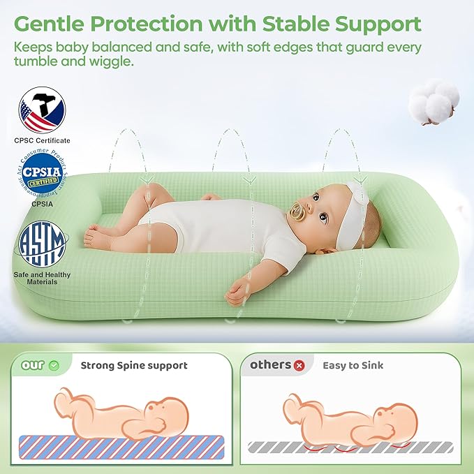 Baby Lounger for Newborn - Infant Lounger 0-24 Months with Lounger Cover, Cooling Baby Nest Lounger, Breathable Waffle Fabric & 3D Support, Portable Newborn Essentials, Green
