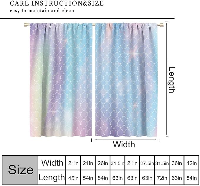 Mermaid Curtains, Kids Cartoon Watercolor Sea Animals Mermaid Princess Scales Pattern Print Living Room Decoration for Kids Girls Bedroom Nursery 52x84 Inch