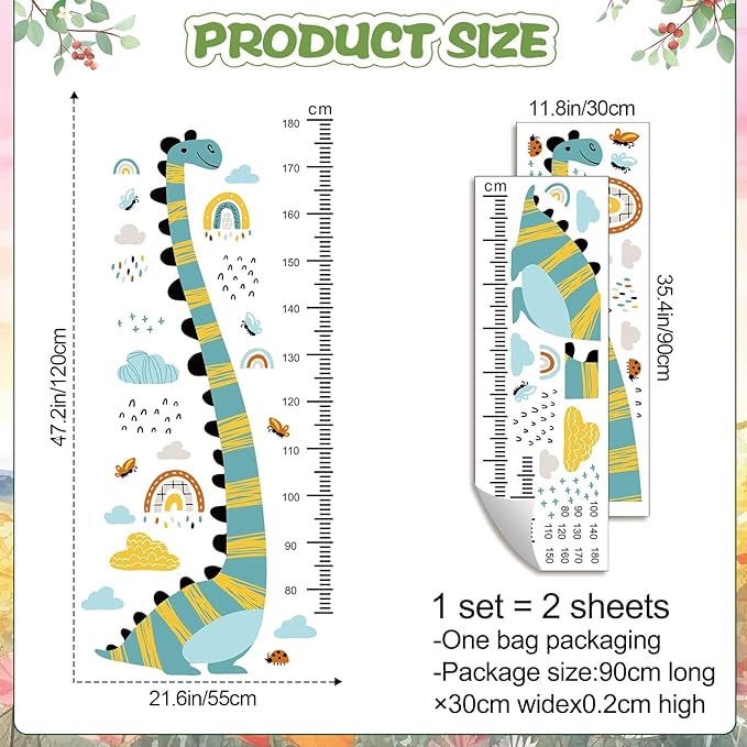 Jungle Animals Height Chart Sticker for Kids Height Measurement Growth Chart Wall Decals Cartoon Animals Giraffe Elephant Height Measurement Ruler Wall Decor for Kids Classroom Decor (Dinosaur)