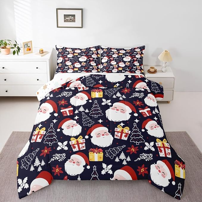 jejeloiu Santa Claus Comforter Set Full Size Merry Christmas Bedding Set for Kids Boys Girls Xmas Themed Duvet Quilt Dark Blue Bedroom Decor