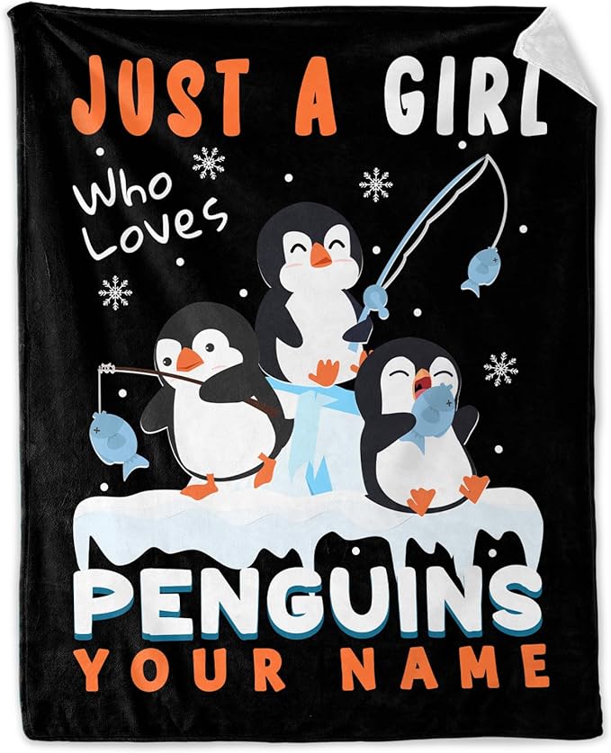 Personalized Penguin Blanket Adult - 60" x 80" Inches Cute Penguin Blanket for Women - Black Warm Furry Throws for Sofa, Bed & Living Room