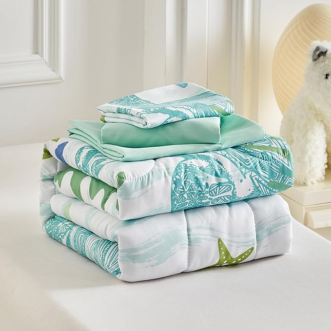 4 Pieces Sea Turtle Toddler Bedding Set for Boys Girls Teal Blue White Toddler Bed Set with Seaweed Starfish Soft Blue Cute Toddler Bed in a Bag with Sheet Set and Pillow Shams
