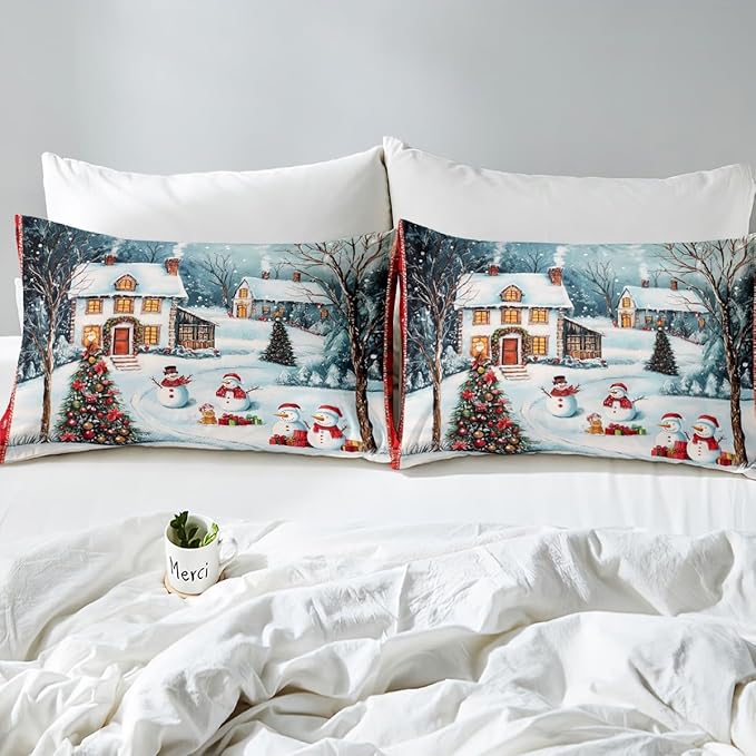 Manfei Christmas Duvet Cover Set Full Size, Cute Snowman Xmas Tree Bedding Set for Kids Boy Girls Room Decor, New Year Theme Comforter Cover, Lightweight Bedspread Cover, 2 Pillowcases, No Comforter