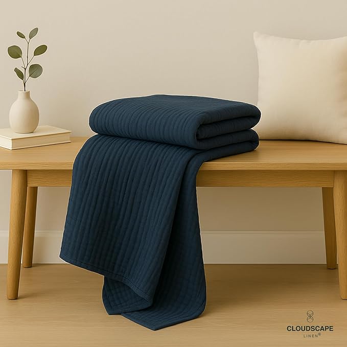 Cloud Scape Linen Extra Large 4 Layer Muslin Throw Blanket - 100% Cotton Gauze, Lightweight & Breathable All Season, Pre-Washed, for Couch & Bed, 50x70, Ensign Blue