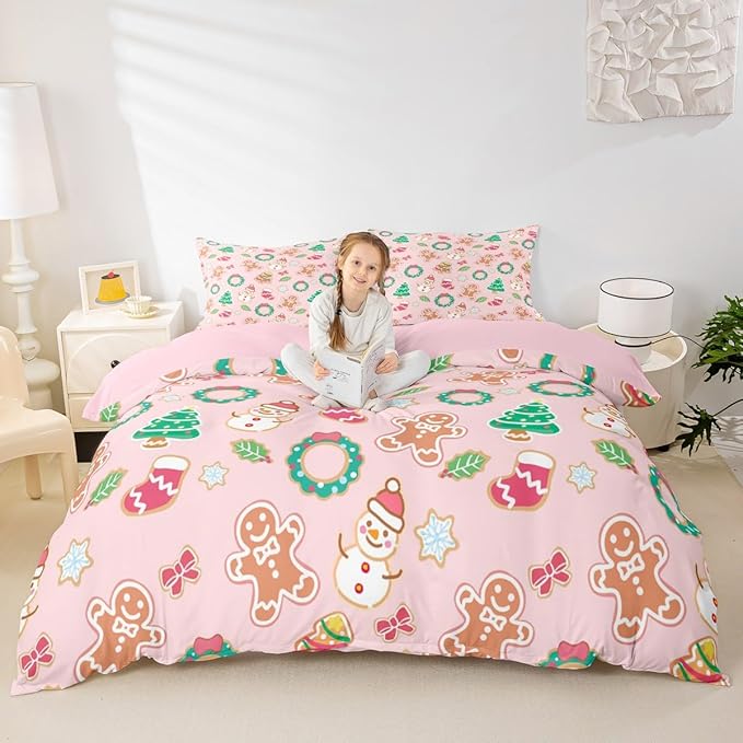 Christmas Comforter Cover Cartoon Snowman Christmas Tree Bedding Set Gingerbread Man Xmas Theme Duvet Cover for Kids Boys Girls Microfiber Pink Bedspread Cover Room Decor Bedclothes Queen Size