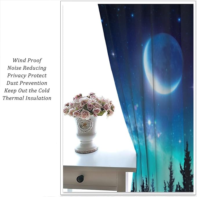 Galaxy Forest Blackout Curtains, Night Starry Sky Stars Moon Aurora Borealis Window Drapes for Bedroom Living Room Home 55" W X 63" L