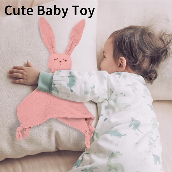 Little Rawr Organic Cotton Muslin Bunny Loveys for Babies Baby Security Blanket Baby Snuggle Toy Newborn Essentials Must Haves(Rabbit-Pink)