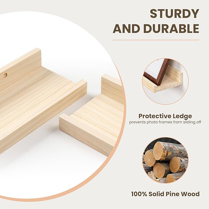 Picture Ledge Shelf, 24 inch Solid Wood Floating Shelves, Picture Shelf for Wall with Ledge, Floating Book Shelves for living room Bedroom Kitchen Nursery Decor, Natural Unfinished, Set of 2