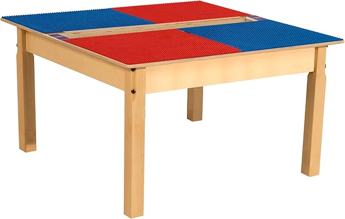 Contender Time-2-Play 35" W Square Red and Blue Compatible with Duplo Blocks Play Table with 18" Long Legs, Natural Finish Birch Children Activity Play Table, Solid Wood Desk for Playroom