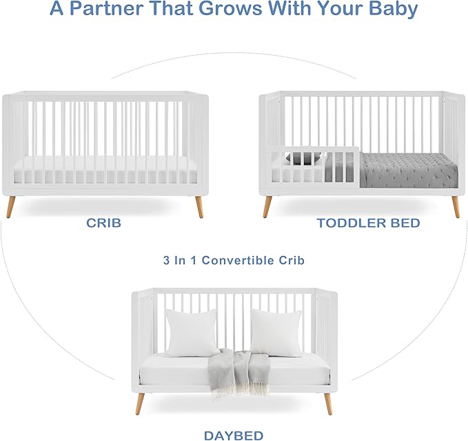 Tatum 3-in-1 Convertible Crib - Included Toddler Guard Rail, White Finish, Adjustable Mattress Height, Converts to Toddler Bed & Daybed, Fits Standard Full-Size Crib Mattress