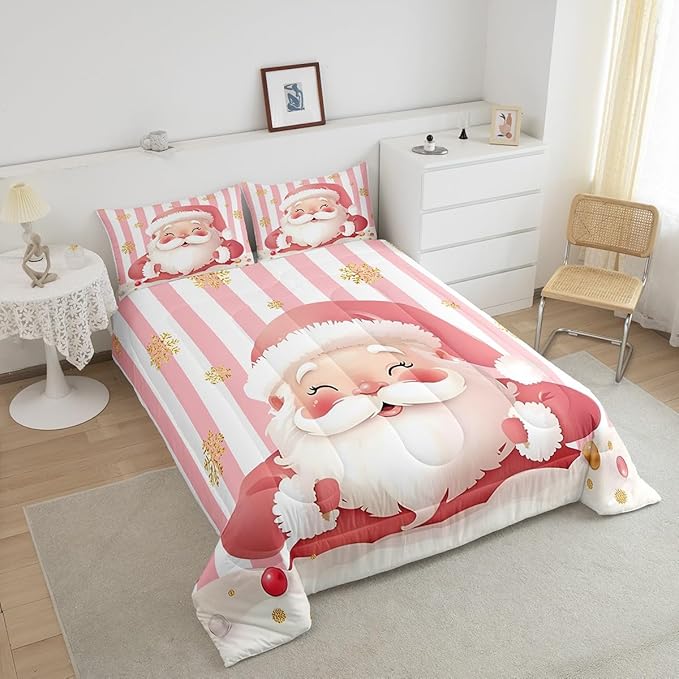 Feelyou Merry Christmas Decorations Twin Size Comforter Set Santa Claus Bedding Set Pink Quilt Set Soft Warm Lightweight Duvet Set