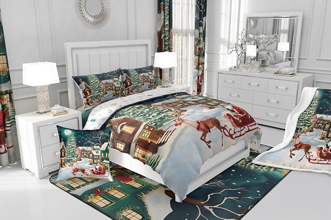 Feelyou Christmas Kids Comforter Set Full Size Santa Claus Bedding Set Reindeer Sled Duvet Quilt for Kids Boys Girls Bedroom Xmas Tree Decor Microfiber Ultra Soft Breathable