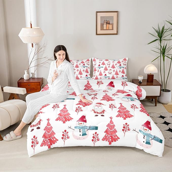 Feelyou Merry Christmas Comforter Set All Season Xmas Tree Snowman Bedding Set with 2 Pillow Cases Santa Claus Microfiber Kids Full Bedclothes Bedroom Decor Duvet Quilt Breathable Soft