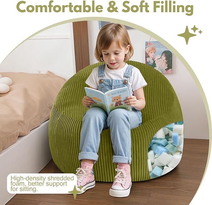 COMAX Bean Bag Chairs for Kids, Toddler BeanBag Sofa with Filler Bean Couch Stuffed for Boys and Girls, Lazy Floor Chair for Playroom, Nursery Room, Light Green