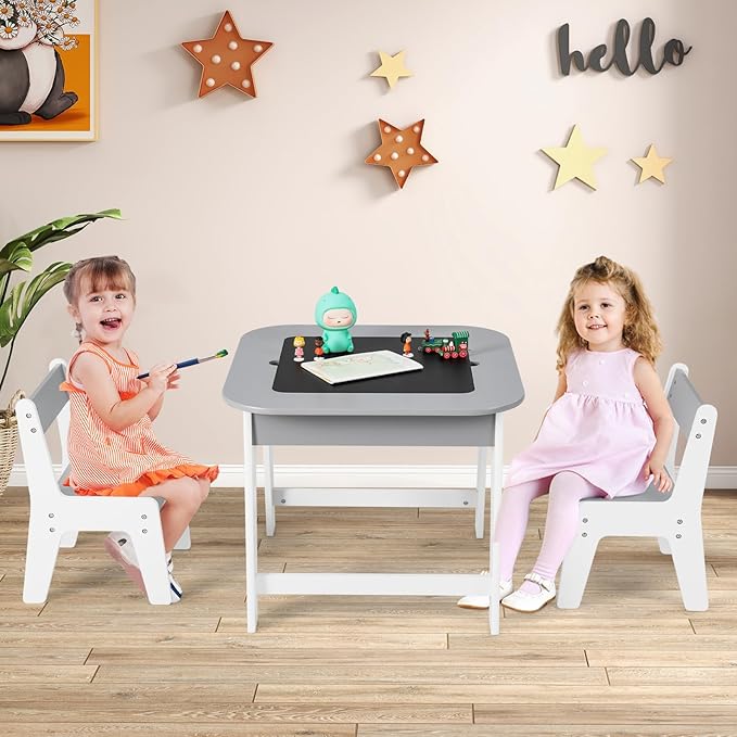 INFANS Kids Table and Chair Set, 3 in 1 Wooden Activity Table with Removable Tabletop, Blackboard and Whiteboard for Toddlers Arts Crafts Drawing Reading Playing, Playroom Nursery (Grey)