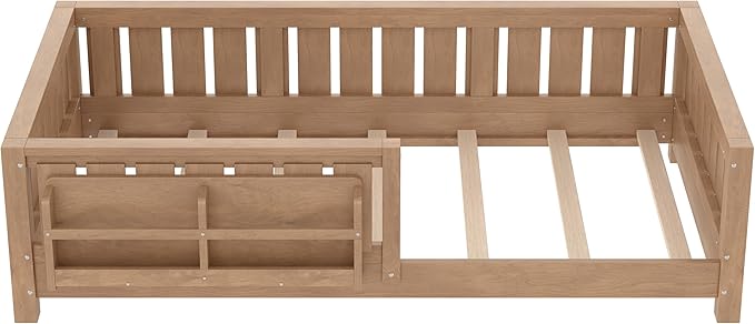 Bellemave Twin Size Floor Bed with high Rails and with Built-in Bookshelf for Kids, Girls, Boys, Wood Montessori Floor Bed Without Door, Natural