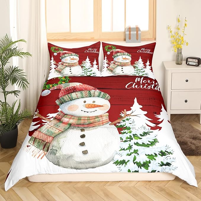 Merry Christmas Duvet Cover Set Queen Size, Cute Snowman and Xmas Tree Print Comforter Cover with 2 Pillowcases, Red Wooden Stripe Print Bedding Set 3pcs for Kids Girls Bedroom Decor,No Comforter