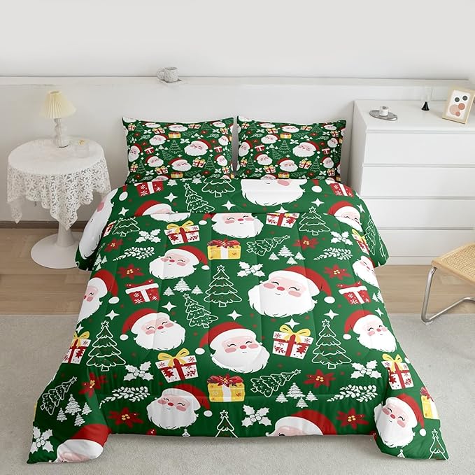 jejeloiu Santa Claus Comforter Set Queen Size Merry Christmas Bedding Set for Kids Boys Girls Xmas Themed Duvet Quilt Green Bedroom Decor