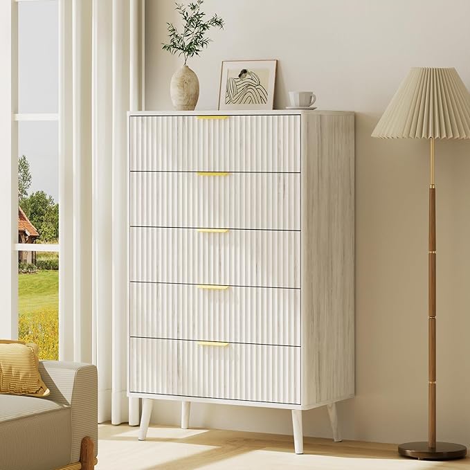 LYNSOM Fluted Dresser and Nightstand Sets 2 Piece, 2-Drawer Nightstands and 5-Drawers Dresser, Wood Bedroom Furniture Set for Home, Bedroom, Hallway, White