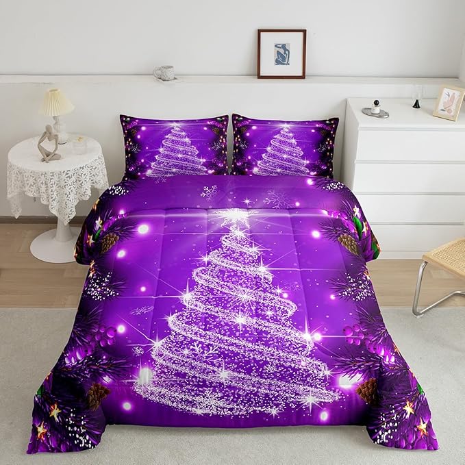 Feelyou Kids Merry Christmas Decorations Comforter Set, Kids Santa Tree Bedding Set King Size for Boys Girls Teens Xmas Christmas Bell Decor Comforter Glitter Purple Quilt Set