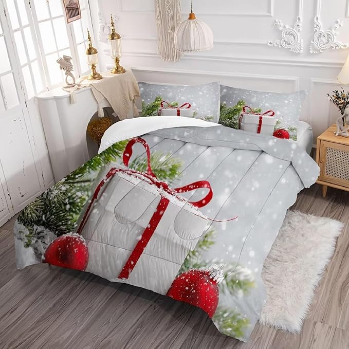 kxry Christmas Snow Scene Twin Size Comforter Set Evergreen Bough Bed Set for Girls Boys Kids Red Balls Bedding Quilt Duvet 1 Comforter + 1 Pillow Case