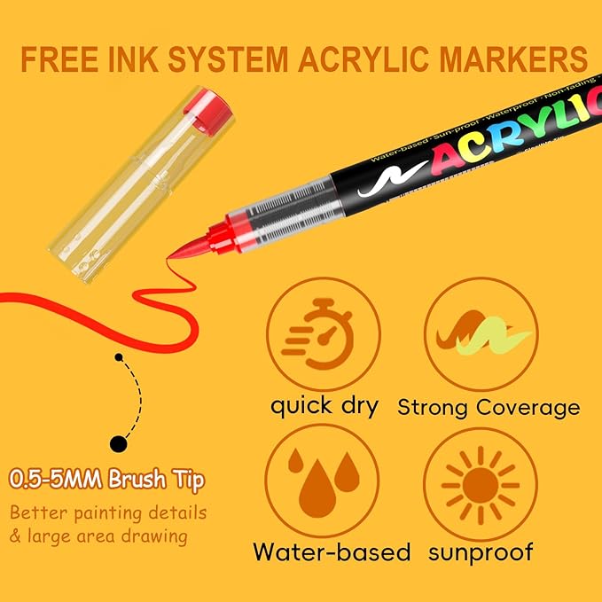 Paint Pens Acrylic Markers - 12 Warm Tone Brush Tip Water Based Marker Pens for Rock Painting, Wood, Ceramic, Glass, Acrylic Paint Markers for Egg Pumpkin