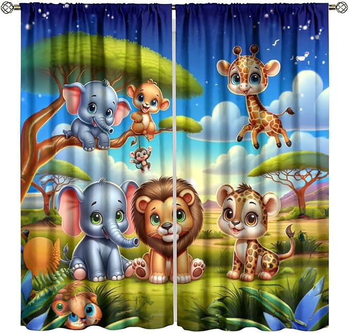 Jungle Safari Window Curtains for Kids Boys Girls Watercolor Cartoon Forest Animals Baby Living Room Bedroom Nursery Toddler Rod Pocket Drapes 84" W X 84" L