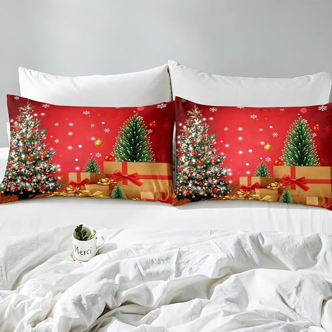 Feelyou Christmas Bedding Duvet Cover Set Kids Christmas Tree Bedding Set Boys Girls Snowflake Gift Boxes Decor Comforter Cover Set Microfiber Xmas Theme Bedspread Cover Bedroom Bedclothes Full Size