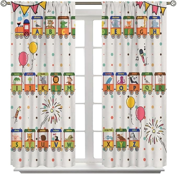 Alphabet Train Kids Curtain Animals Alphabet Children Teens Early Learning Printed Rod Pocket Blackout Window Treatments for Classroom Bedroom Nursery Playroom 52" W X 84" L