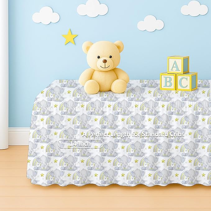 Cottington Lane Crib Skirt Dust Ruffle, 100% Natural Cotton, Soft, Durable Nursery Crib Toddler Bedding Skirt for Baby Girls or Boys, Fits Standard Cribs 28" x 52" with 14" Drop, Rainbow Safari
