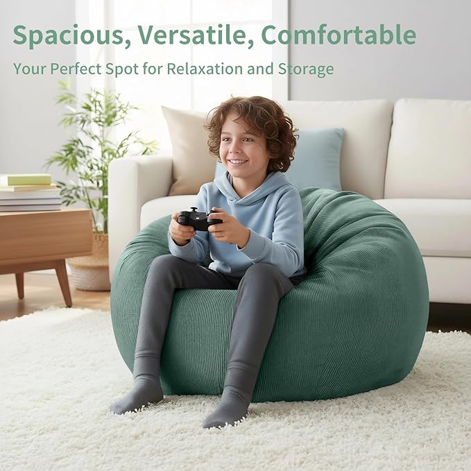 Nobildonna 3 ft Bean Bag Chair Cover (No Filler) 35"×43" Large Stuffed Animal Storage Bean Bag Washable Big Beanbag Chair Cover Premium Corduroy Stuffable Bean Bag Cover for Adults,Kids,Green 300L