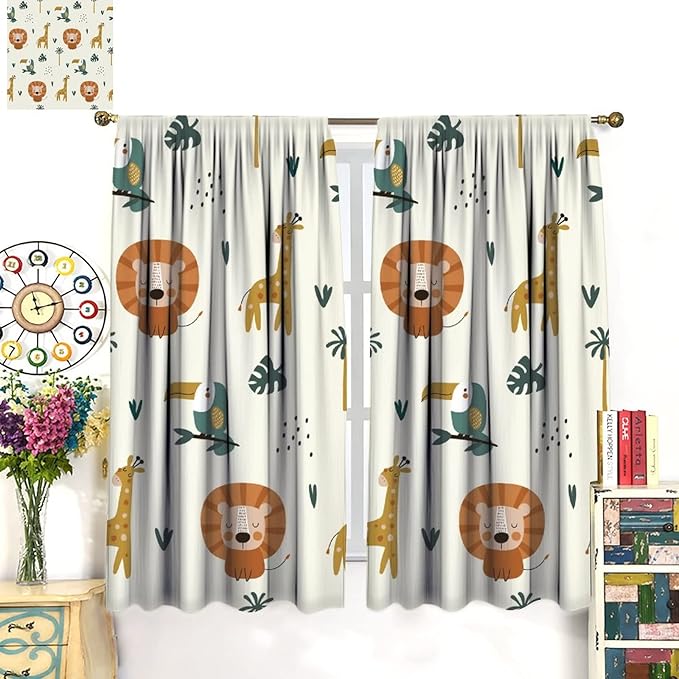 Cute Lion Window Curtains for Kids Bedroom,Cartoon Woodland Jungle Forest Wildlife Little Lion Giraffe Owl Palm Tree Printed Pattern Blackout Drapes for Living Room Baby Nursery Room 63x63in