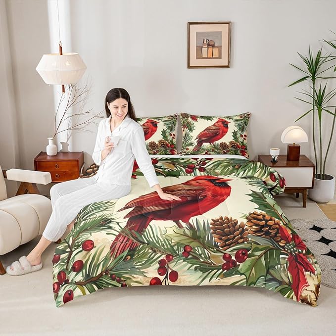 jejeloiu Kids Red Cardinal Comforter Set Queen Size Christmas Tree Green Plants Bedding Set for Boys Girls Teens Xmas Birds Animal Winter Happy New Year Duvet Quilt Room Decor