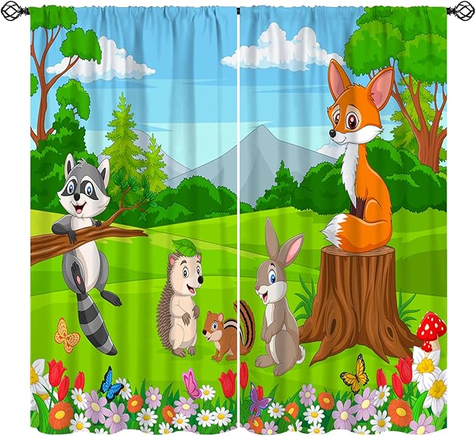 Safari Animal Curtains for Kids Cartoon Woodland Wildlife Jungle Animals Window Treatments for Boys Girls Bedroom Cute Fox Forest Nursery Children Drapes for Living Room W42xL45(Decor)