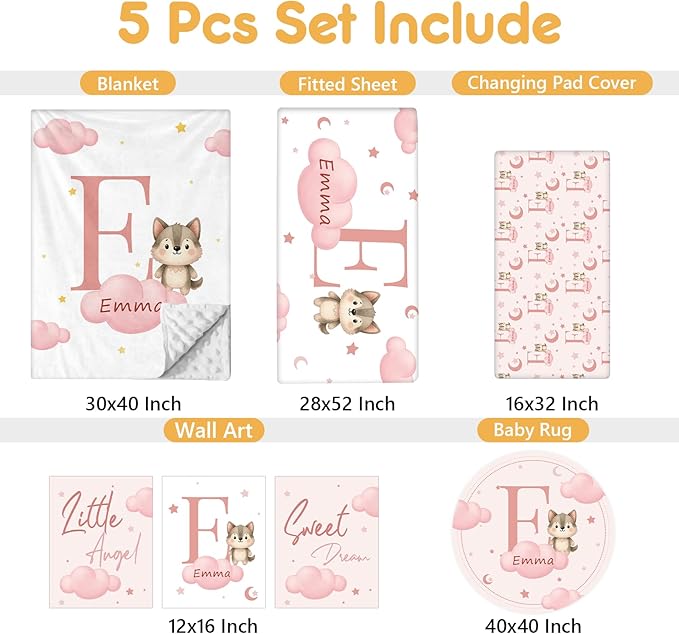 Personalized Crib Bedding Set, 5 Pcs Custom Nursery Bedding Sets with Name, Infant Bedding Set for Baby Girls Boys, Pink Fox Double Layer Baby Crib Set, Toddlers Babies Kids Customized Gifts