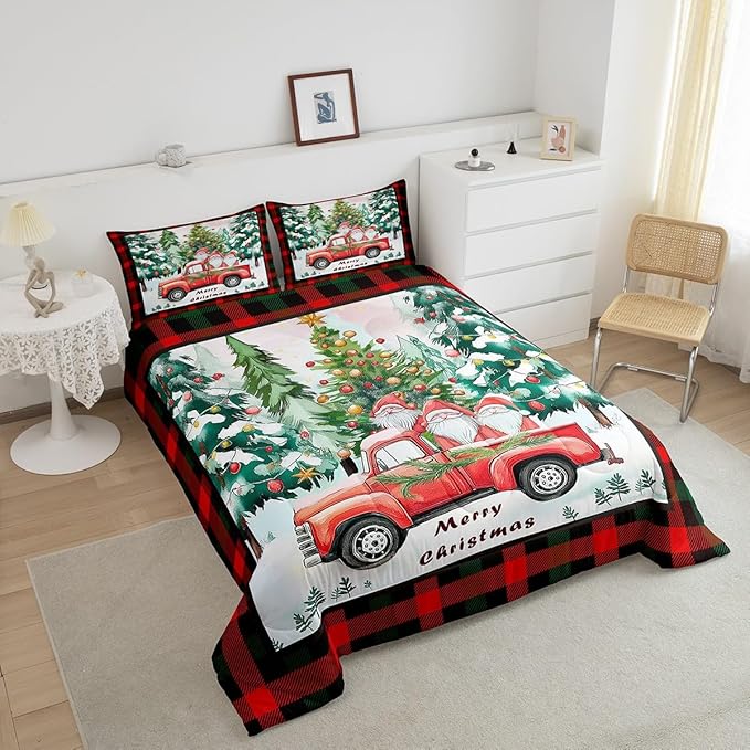 Xmas Theme Comforter Set King Size,Christmas Tree Retro Red Truck Duvet Insert for Kids Boys Girls Room Decor,Black Red Plaid Bedding Set 3Pcs,Cartoon Gnome Merry Christmas Quilt Set,2 Pillowcases