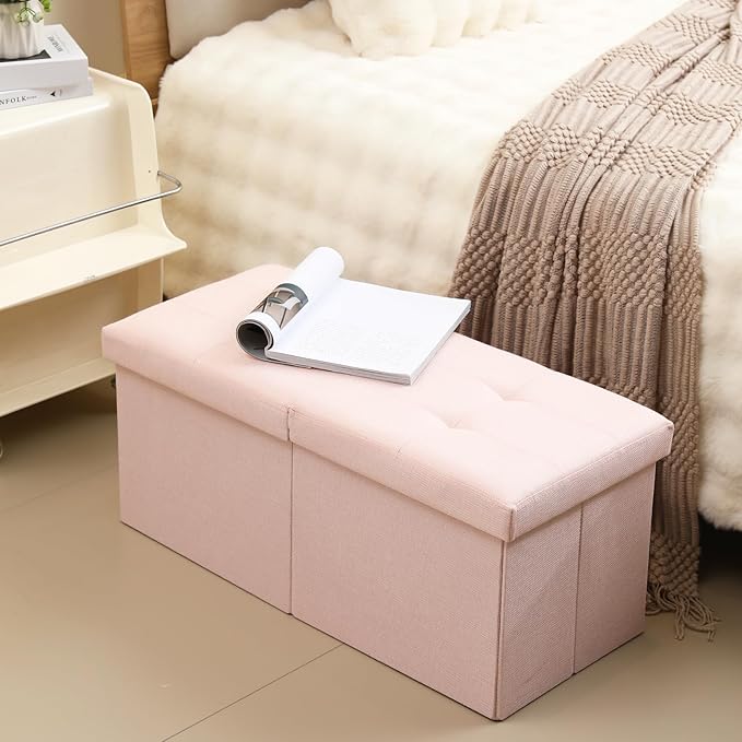 CUYOCA Storage Ottoman Bench Foldable Seat Footrest Shoe Bench End of Bed Storage with Flipping Lid, 75L Storage Space, 30 inches Linen Fabric Pink, OT026PK