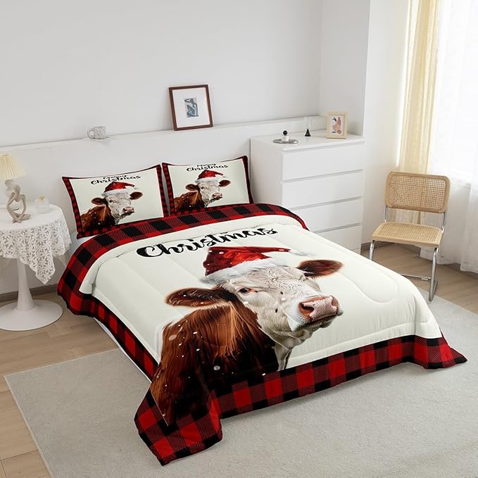 Xmas Cow Cattle Animal Bed Comforter Set Queen Size,Christmas Farmhouse Super Soft Microfiber Bedding Set for Girls Boys,Vintage Cabin Red Plaid Decorative Quilter Set