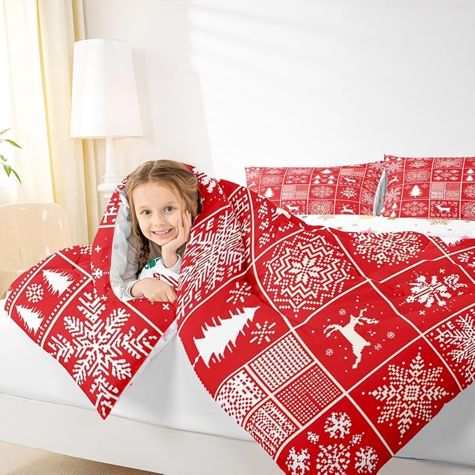 Kids Merry Christmas Comforter Set King Size,Deer Snowflake Pines Silhouette Bedding,Girls Boys Adults Bedroom/Xmas Cabin Decor,Geometric Lattice Down Comforter,Red Bright Duvet Insert,2 Pillowcases