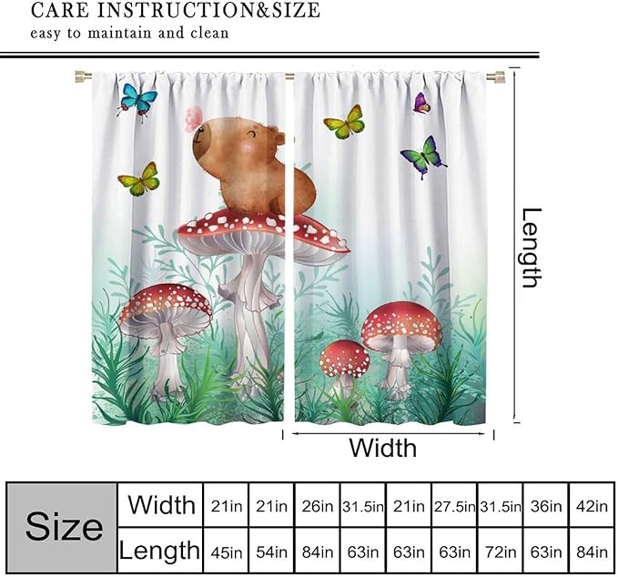 Cartoon Animals Curtains, Cute Butterfly Capybara Blackout Window Treatments, Rod Pocket Thermal Insulated Drapes 2 Panel Sets for Kids Bedroom Nursery Classroom, 63" W X 72" L